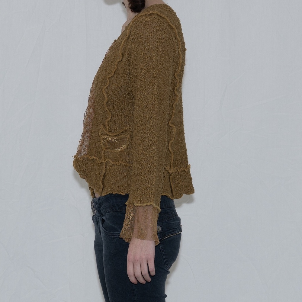 Y2k brown lace trim cardigan with metal clasps size large saga acrylic nylon - Picture 2 of 6